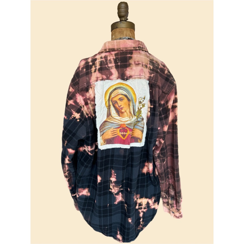 One-of-a-Kind Sacred Heart Mary Bleached Flannel Shirt Wearable Art | Large Tall